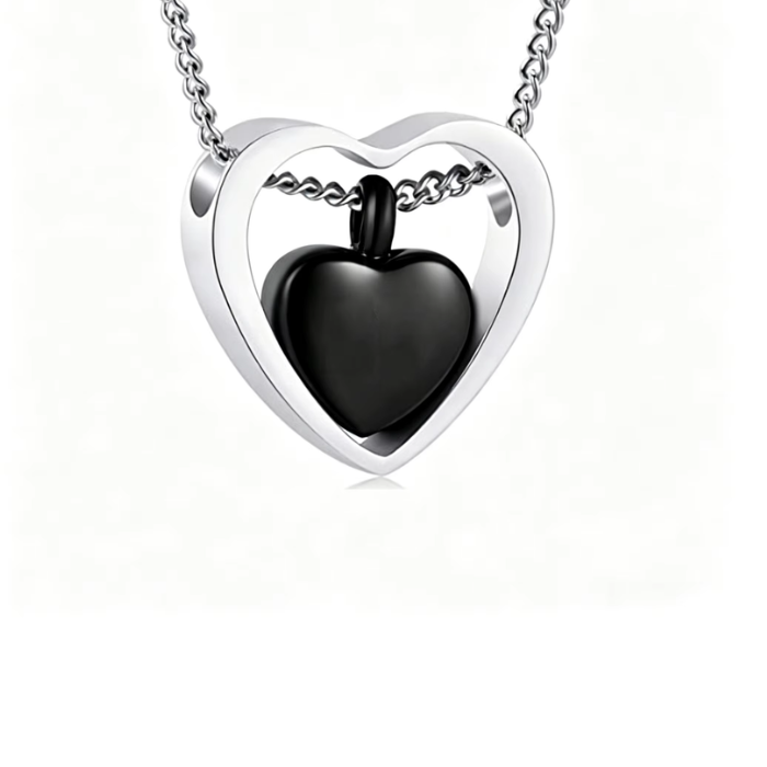 As Hanger - As Ketting Dubbel Hart – Zilver op Zwart - Stainless Steel